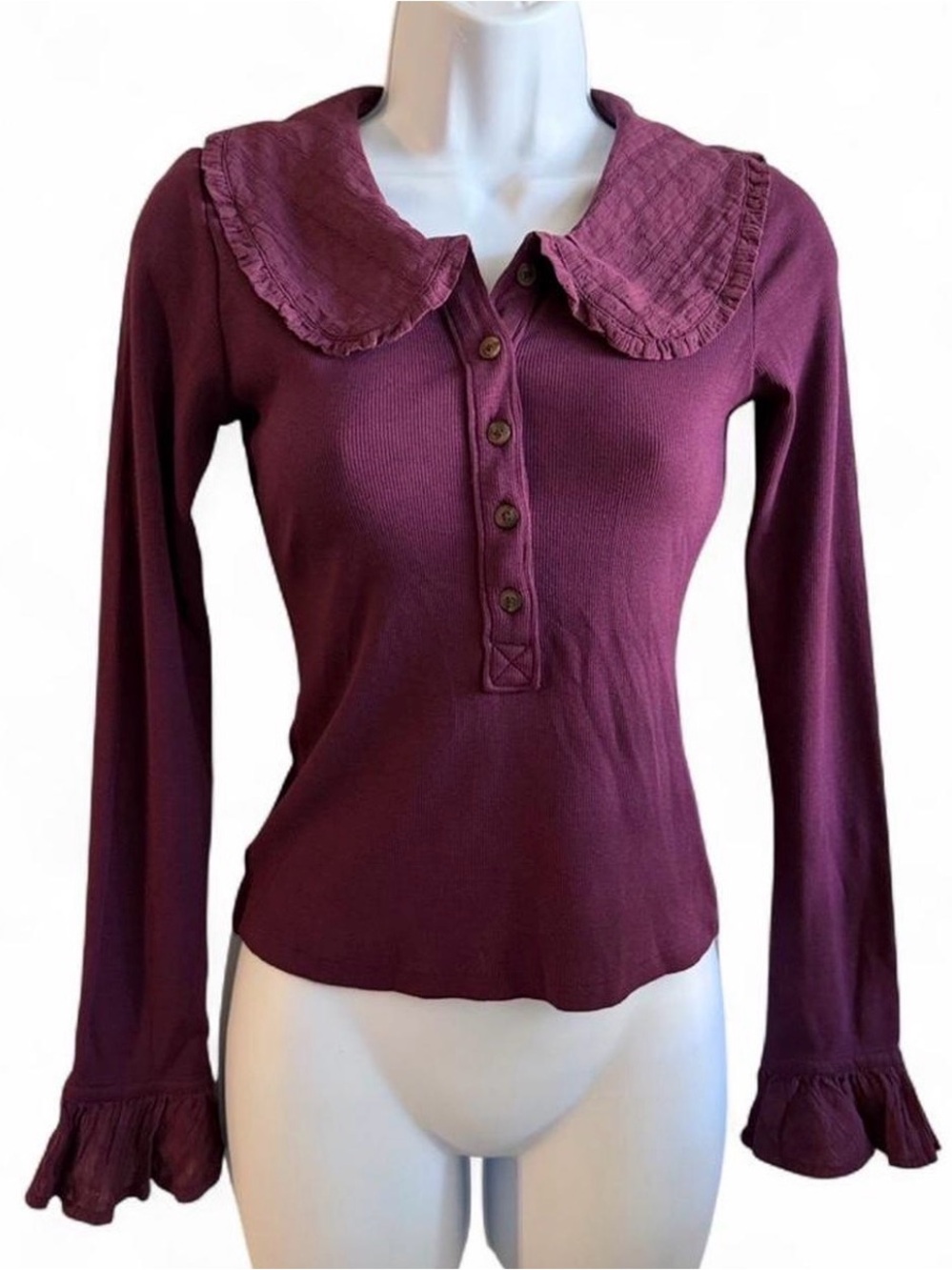 Pilcro Long-Sleeve Ruffle Collar Top in Plum